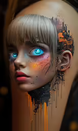 an artwork work depicting a woman with blue eyes