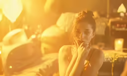 a close up of a person posing near candles