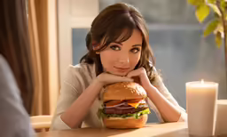 a woman is sitting in front of a burger