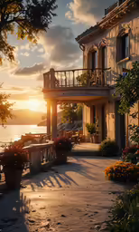 an old house that is near the water with flowers on each porch