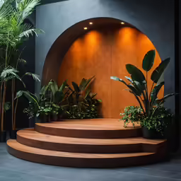 an indoor setting features tropical plants, a large circular wall, and a curved wood steps