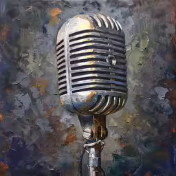 an old fashioned microphone sitting on top of a wooden table,a large silver microphone with a yellow light behind it