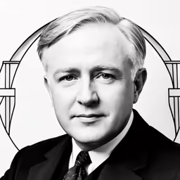 a man in a suit with a tie in front of a portrait