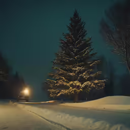 a big white tree in the snow at night