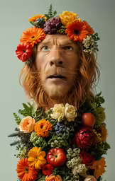 man with orange flowers in a bouquet under a portrait