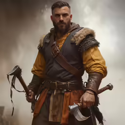 a man holding an axe standing on top of a field