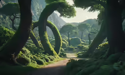 lush trees are growing around the dirt path