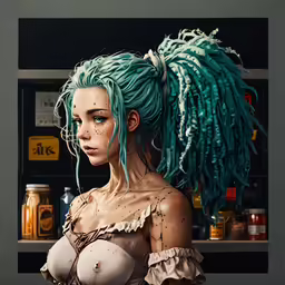 a woman with green hair is standing in front of a shelf filled with liquor