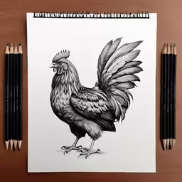 drawing a chicken on paper, with colored pencils around it