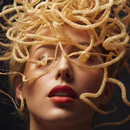 a woman is covered with long, thin hair