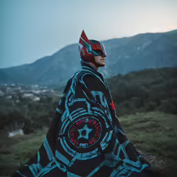 a person wearing a cape standing on a hill