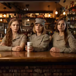 three women sitting at the bar in uniforms