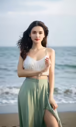 an attractive young woman wearing a white tank top
