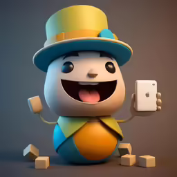 a character for a mobile game shows off his phone