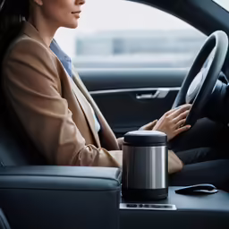 a woman driving a car, holding the steering wheel