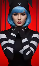 a girl with blue hair in a costume