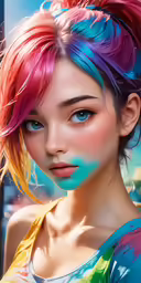 an anime girl with multi colored hair and blue eyes