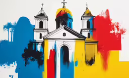 a multicolored painting of two white and blue towers