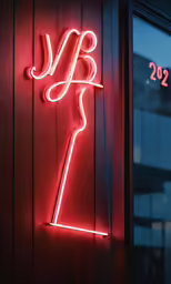 a bright neon sign next to a red lit building