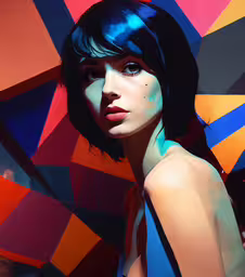 a painting of a girl with a blue hair,an artistic image of a woman with bright blue hair