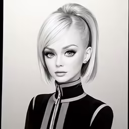 a black and white drawing of a woman with bangs