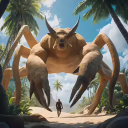 man walking on beach area with giant, spider like creature in background