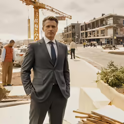 there is a man in a suit standing on the street