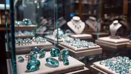 there are many blue jewelry pieces on display,necklaces with turquoise green jewels, in cases
