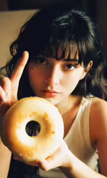 a woman holding up a glazed doughnut with sprinkles