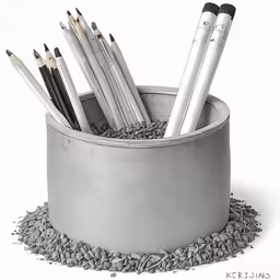 a white cup with some pencils and writing materials