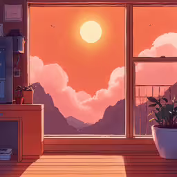 an image of the sun going down from behind a mountain,a sunny window with the view of mountains outside