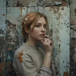 a woman posing in front of an old painted wall