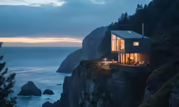 a house is lit up next to some rocks