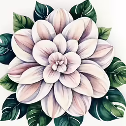 a watercolor painting with a large white flower with green leaves