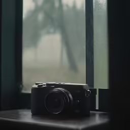 a camera sitting on top of a table next to a window