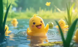 little yellow rubber ducks are floating in a lake