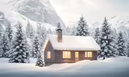a log cabin with a lighted window and lit fir trees