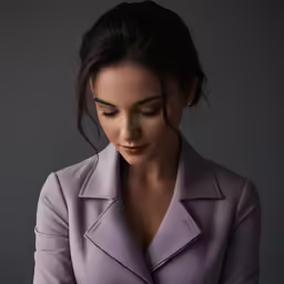 a woman with long hair in purple jacket