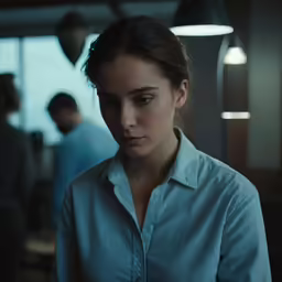 a woman in a blue shirt staring down