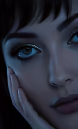 a close up of the face and hands of a woman