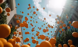 many oranges are flying around in the air
