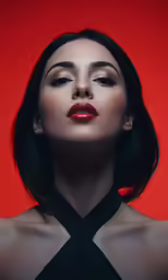 a beautiful young woman with long hair in front of a red background