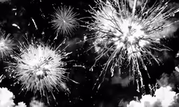 black and white photograph of fireworks in the sky
