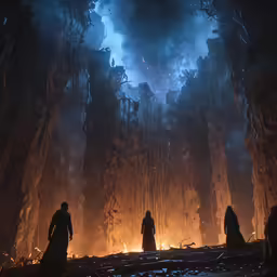 three people in dark colored clothing standing next to fire