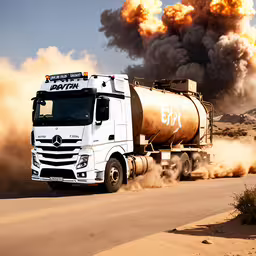the big truck is driving in the sand,a large truck is driving down the road near some large plumes of smoke