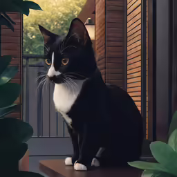 a black and white cat sitting in the shade