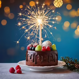 a chocolate cake with a sparkling fireworks stick on top