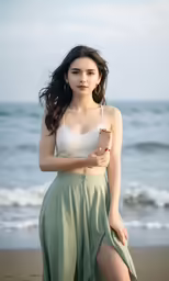 a woman wearing a white crop top and light green skirt