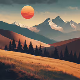 sunset over a hilly mountain landscape with tall trees,painting with a landscape view of snow covered mountains