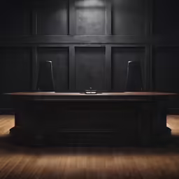 a dark wooden table sits in front of two lights